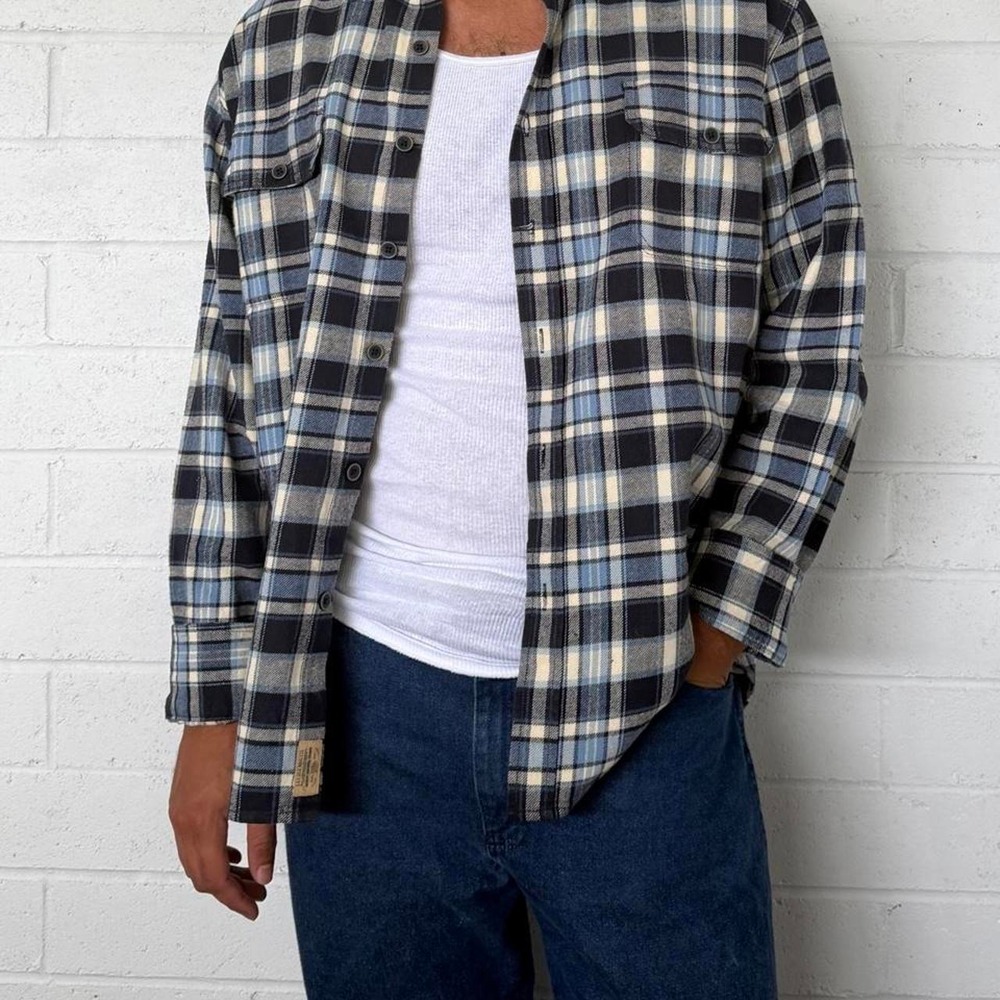 Jachs Mens Heavy Vintage Plaid Flannel Shirt Blue Black White Long Sleeve
